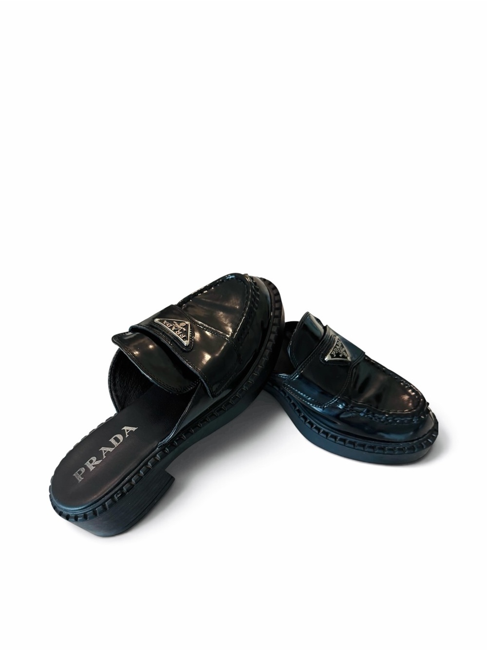 Prada Black Patent Leather Slip-On classic prada logo slides mules - Picture 12 of 12